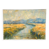 Huile sur toile originale suédoise – « Paysage fluvial avec montagnes » Vintage