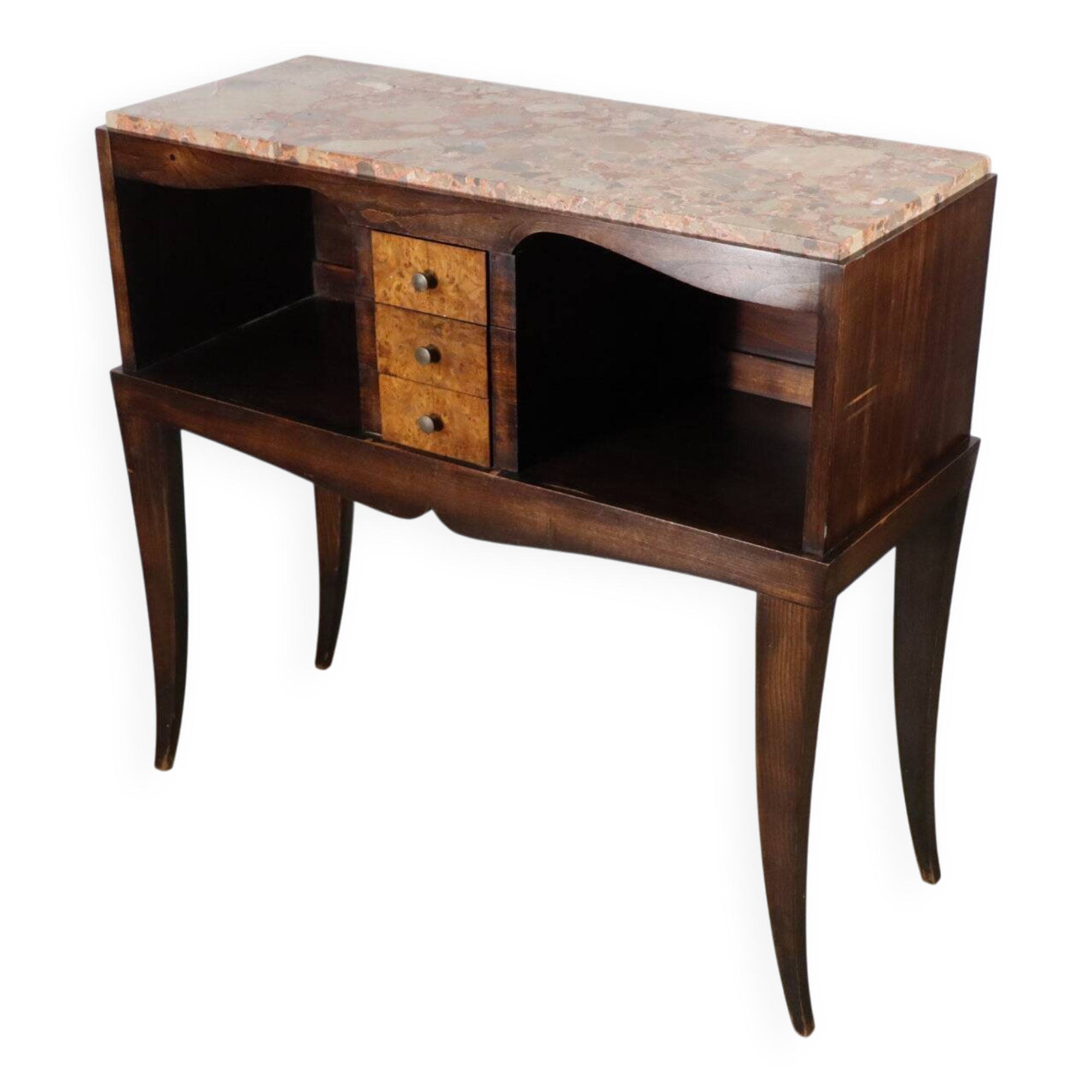 Vintage wooden and marble console table – classic style curved legs, 1950s