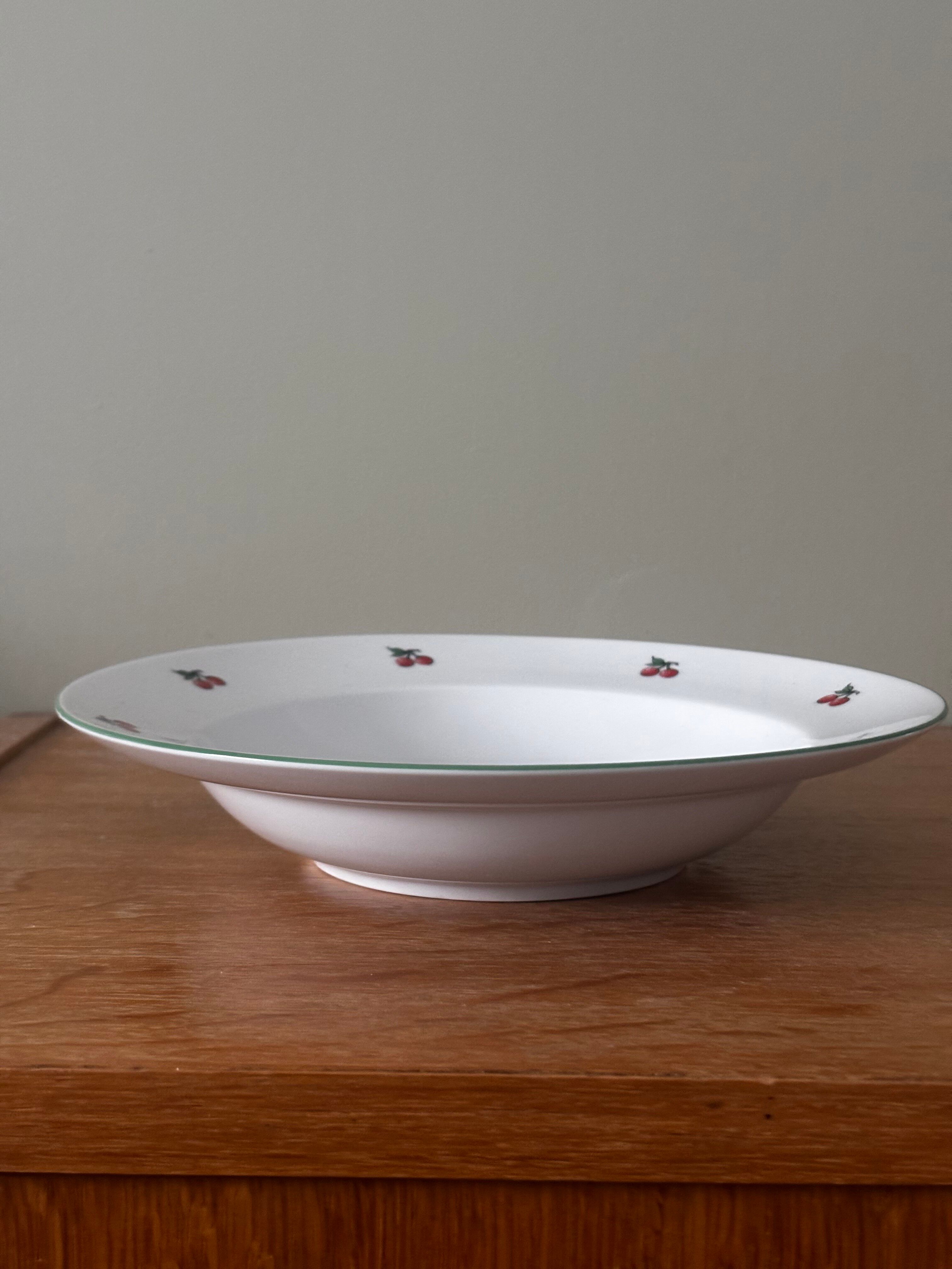 Set of 5 deep porcelain plates in cherry table colours.
