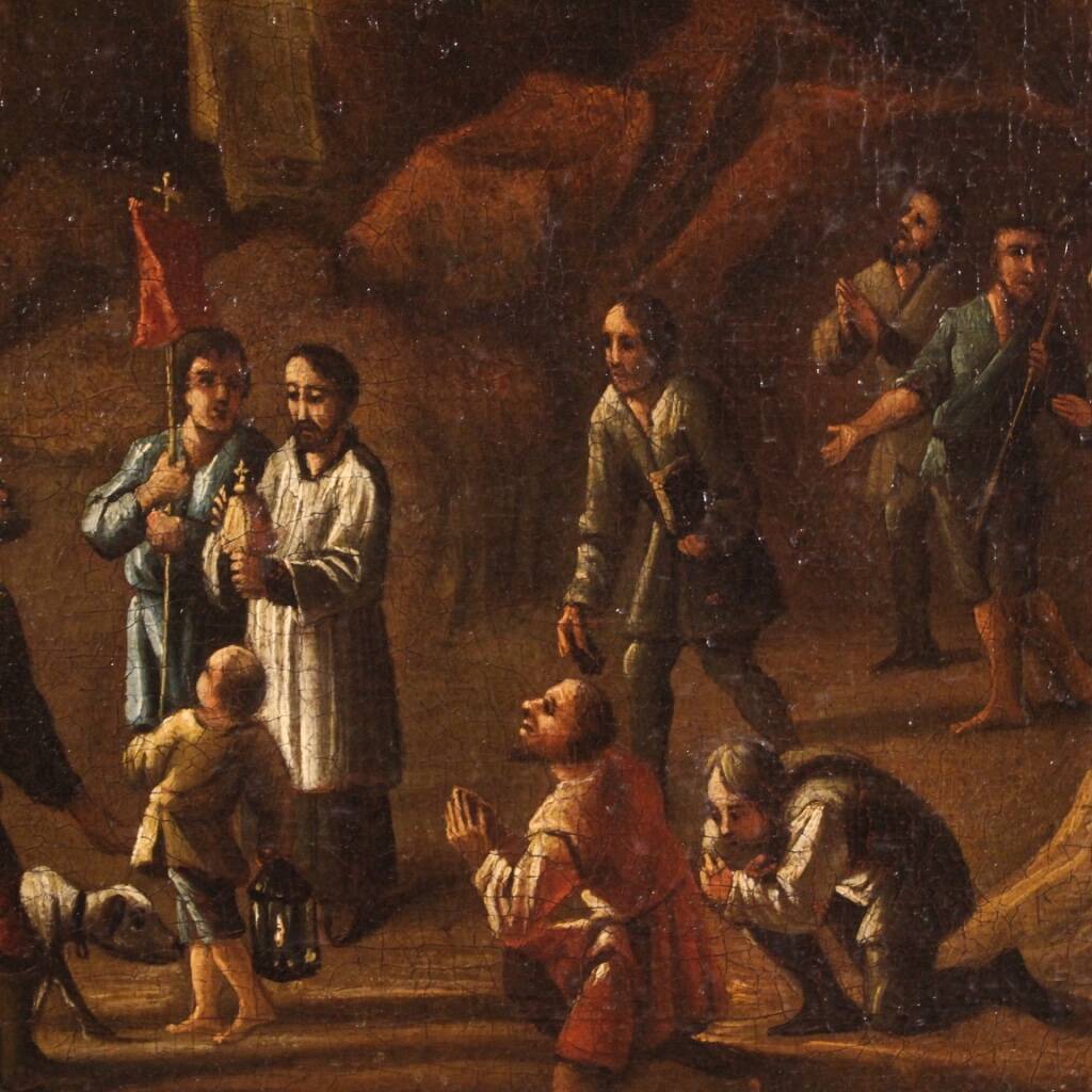 Painting oil on canvas landscape with wayfarers from the 18th century