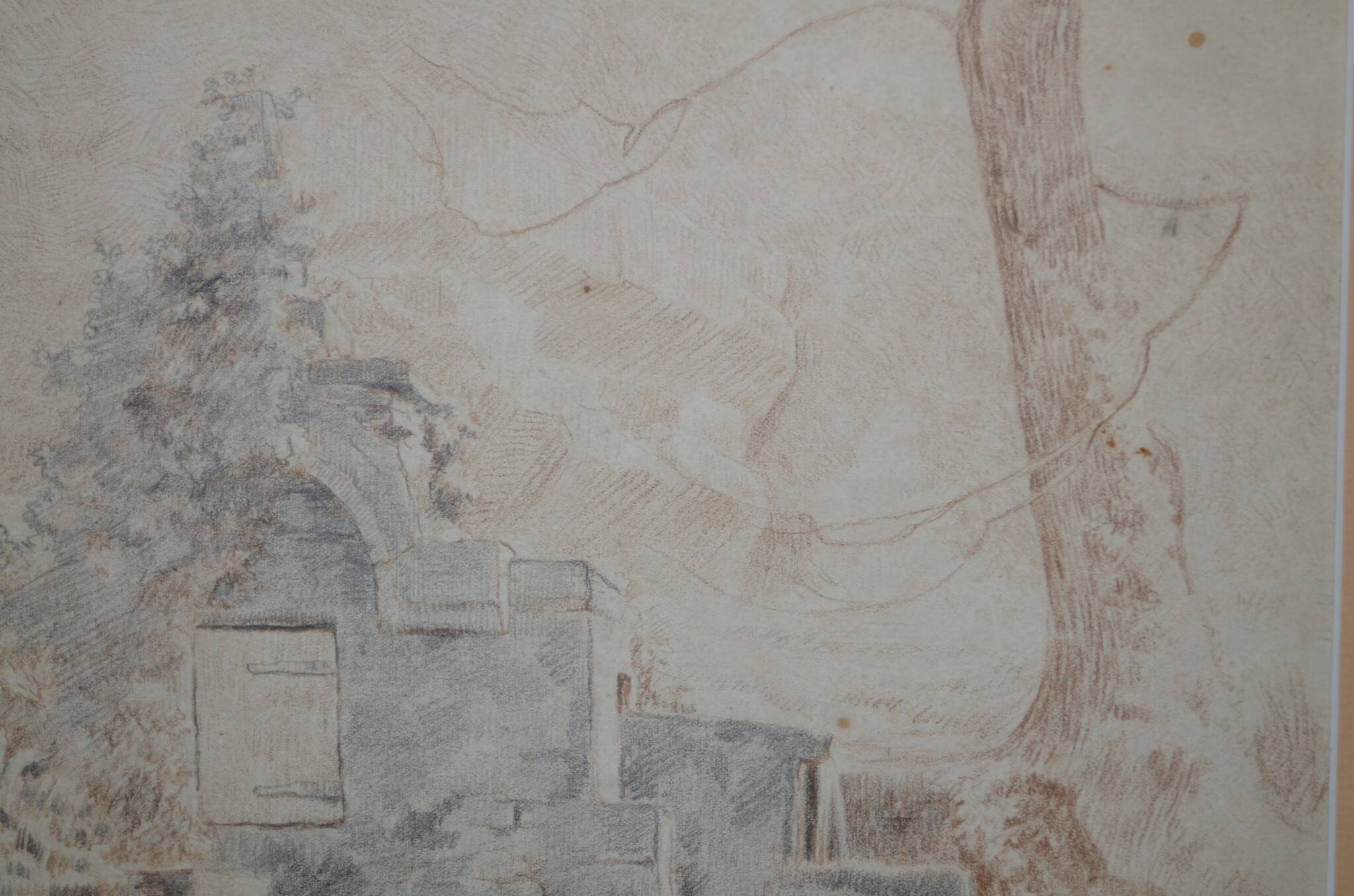 Pencil drawing "Landscape of Ruins" 1918 signed and dated