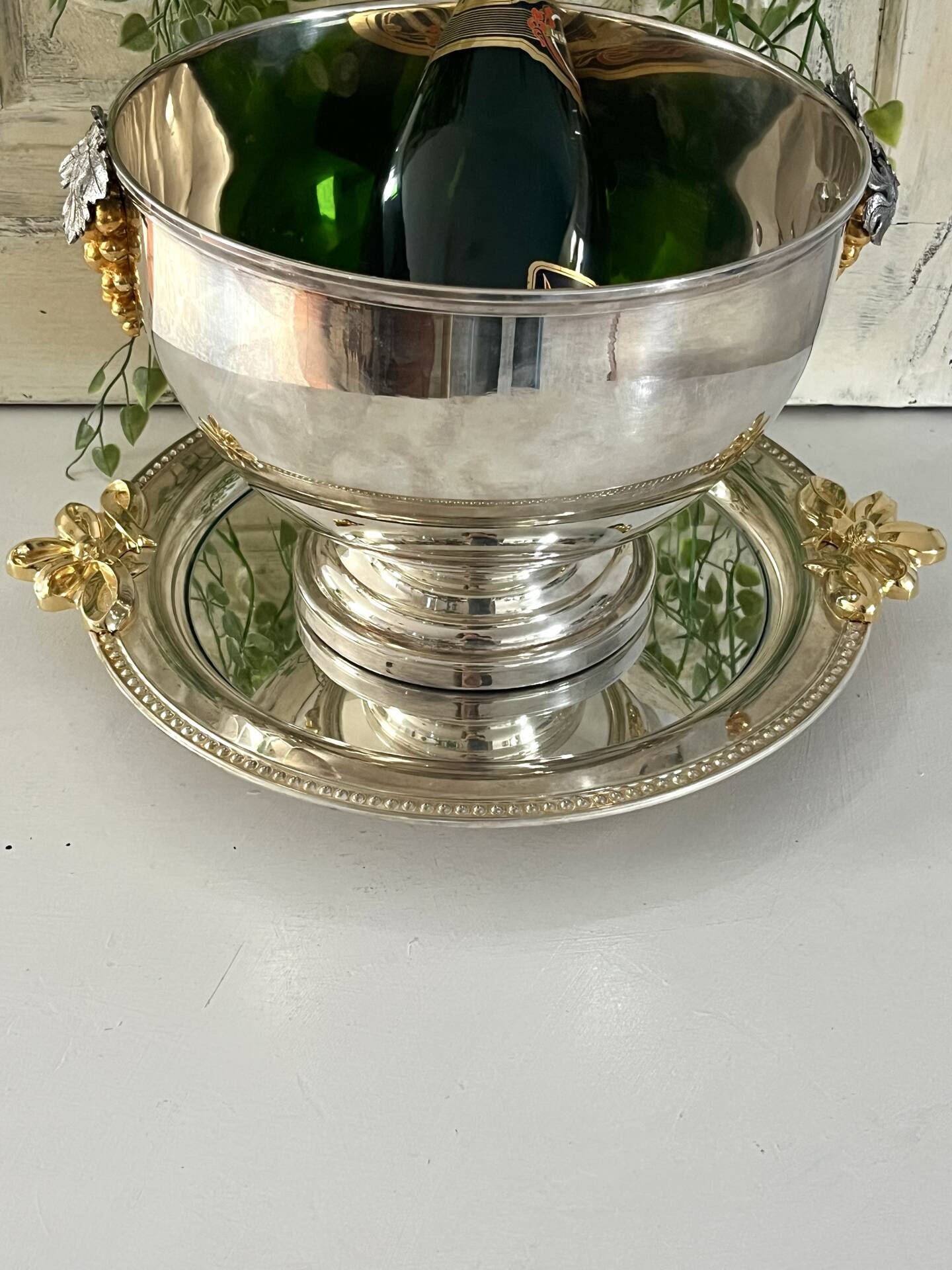 Silver Plated Grape Ice Bucket with Pedestal Tray, French ice bucket