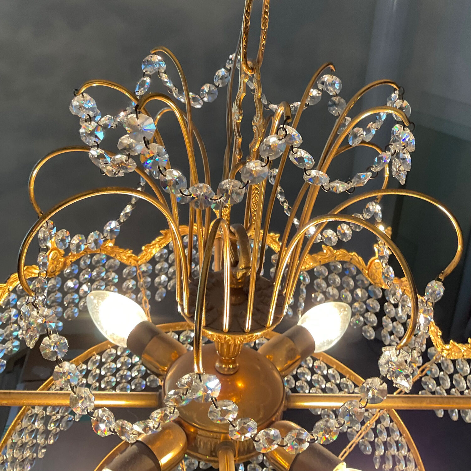 Waterfall chandelier in gilded bronze and crystal tassels