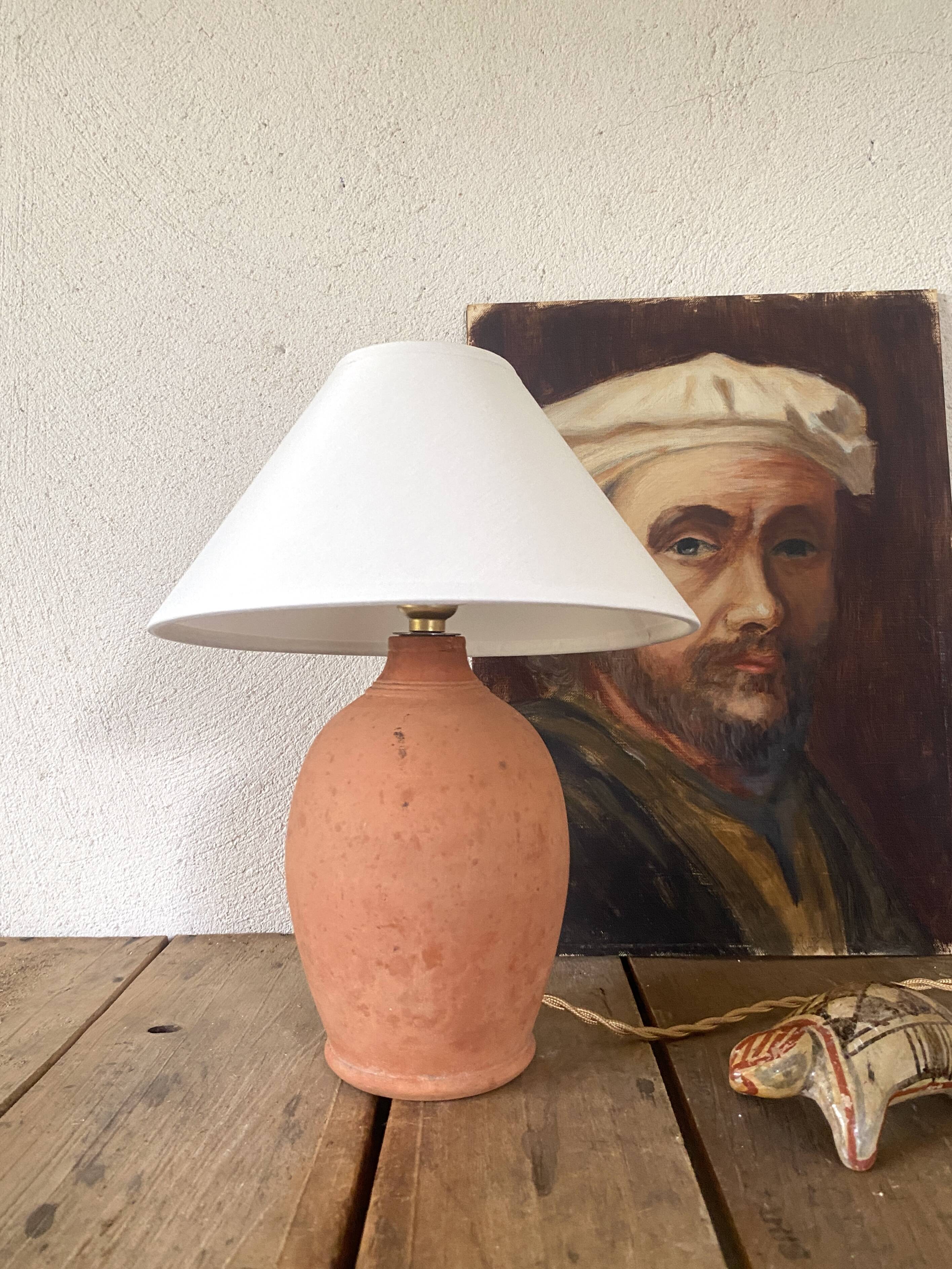 Terracotta lamp, new 2M fabric cable, cotton lampshade