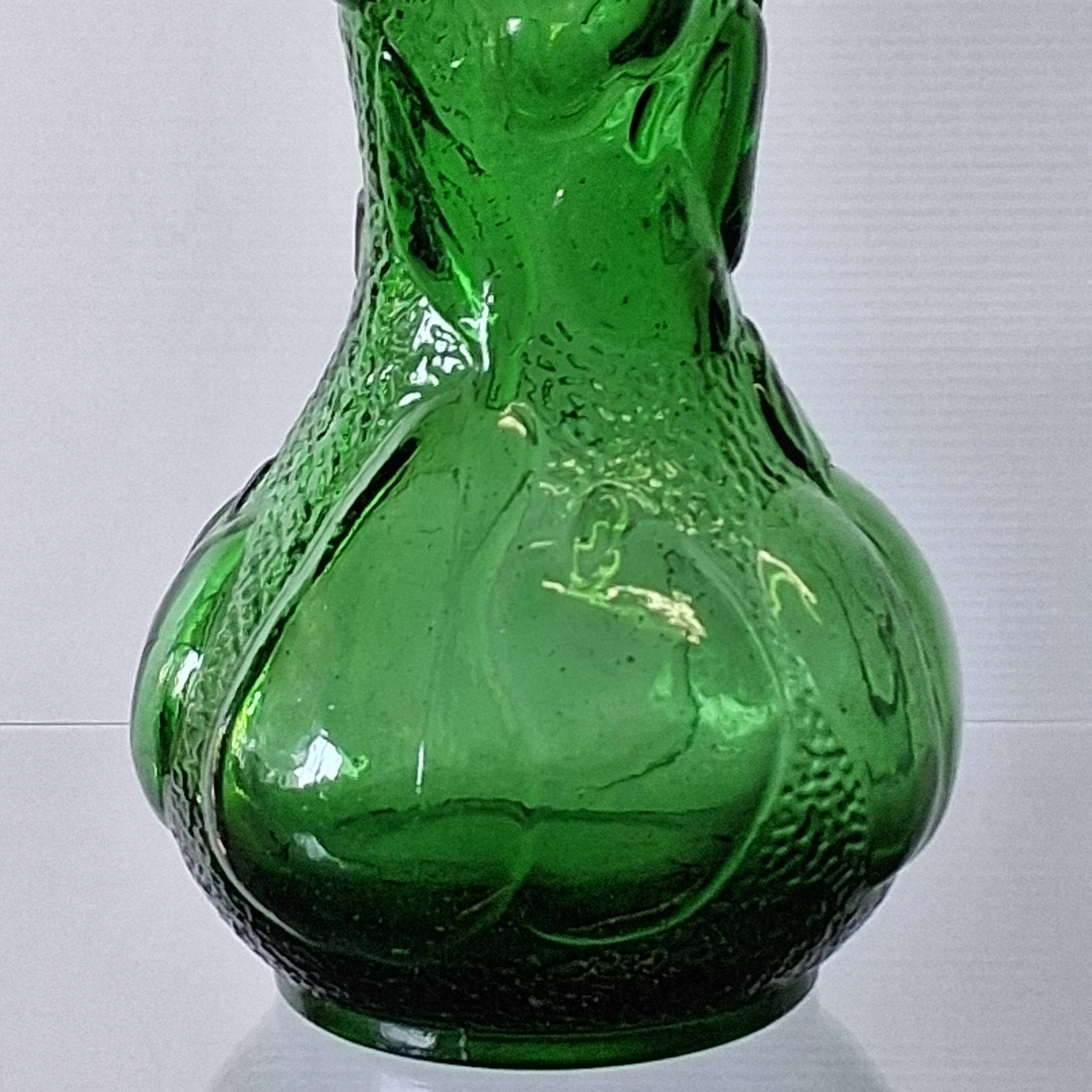 Vintage green glass vase with a fruit design in very good condition.