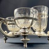 19th century silver metal and crystal mustard salt cellar holder with Louis XV shell decor