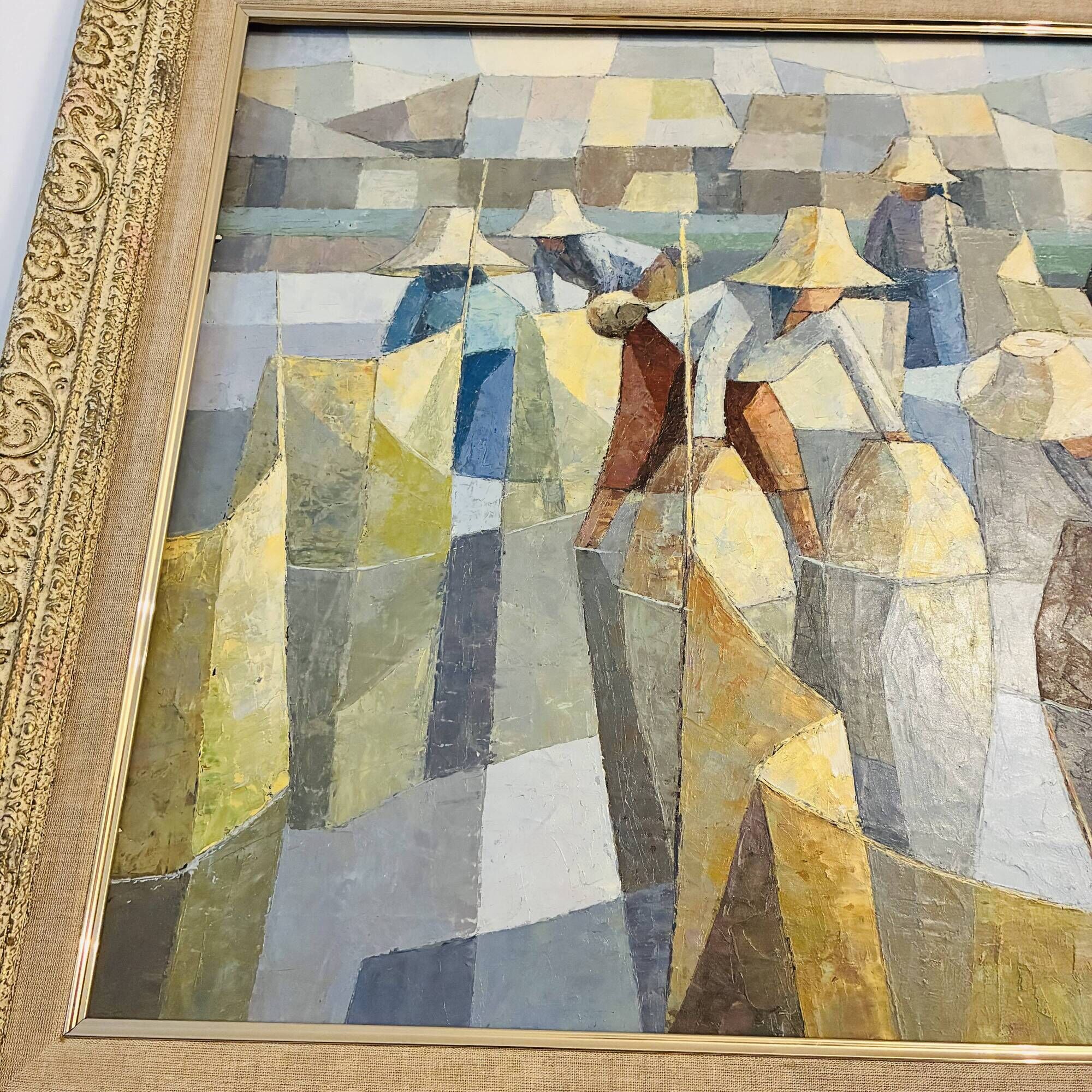 Cubist Oil on Canvas Tableau Rural Scene Asia Saard Thanomwong Signed