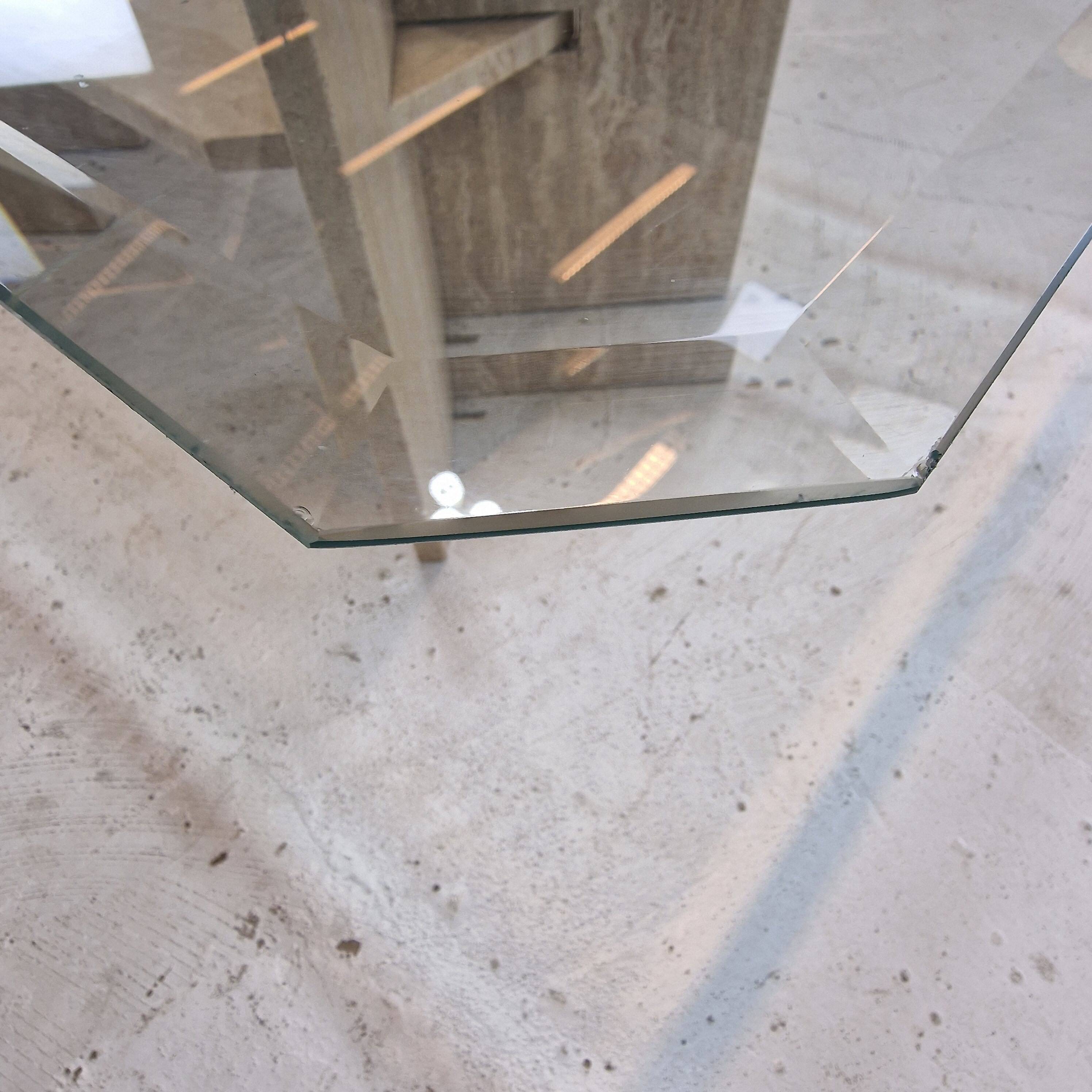 Italian Coffee Table in Travertine and Facet Cut Glass, 1980s