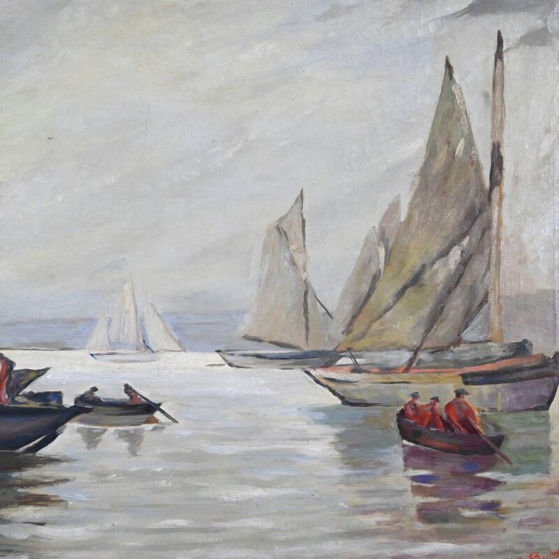 Painting "Sailboats on Calm Sea", oil on canvas, signed C. Bustad – 1928