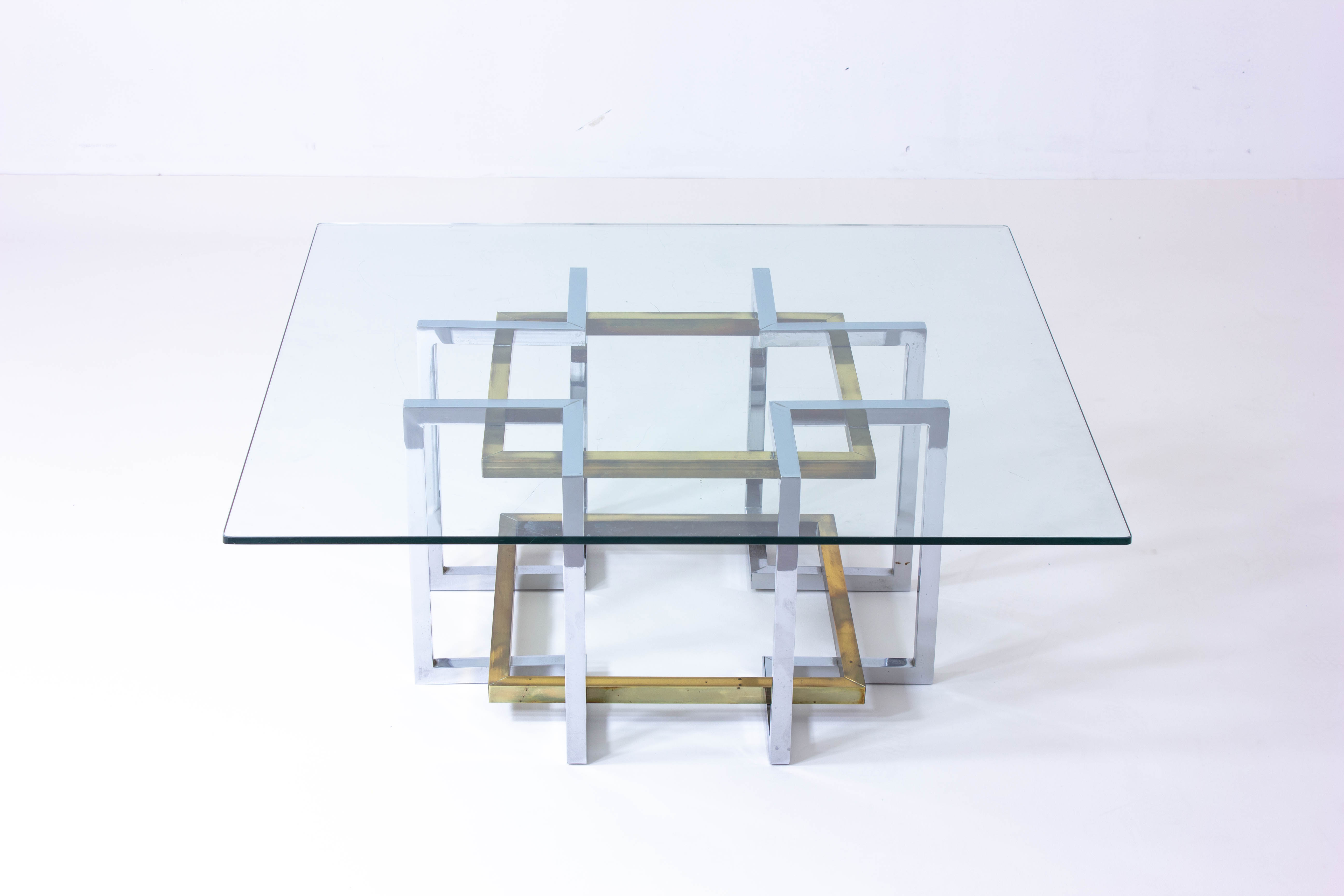 Geometrical brass & chrome coffee table, Belgium 1970s