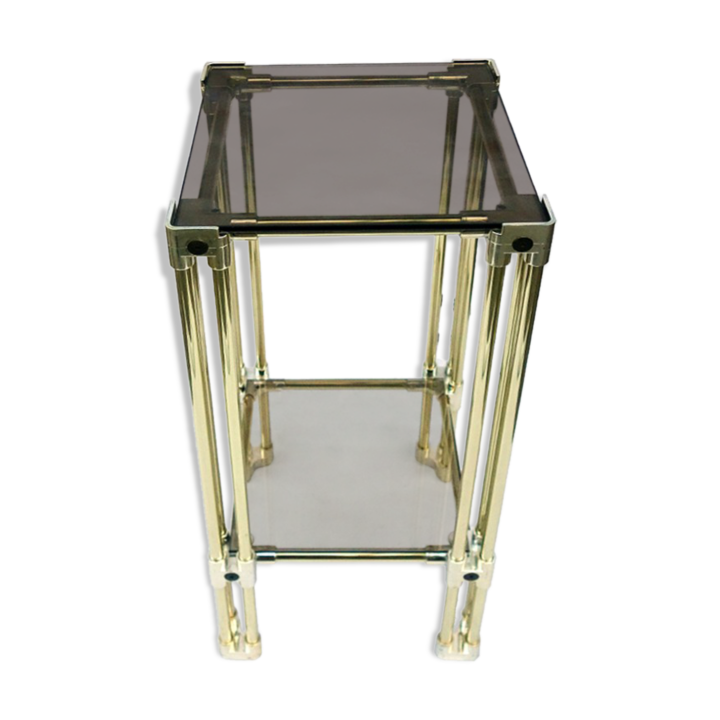 double-plated square tray in smoked glass and gilded brass structure from the late 1970s