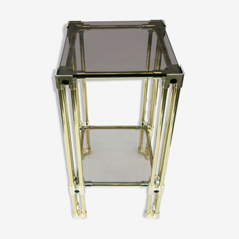 double-plated square tray in smoked glass and gilded brass structure from the late 1970s