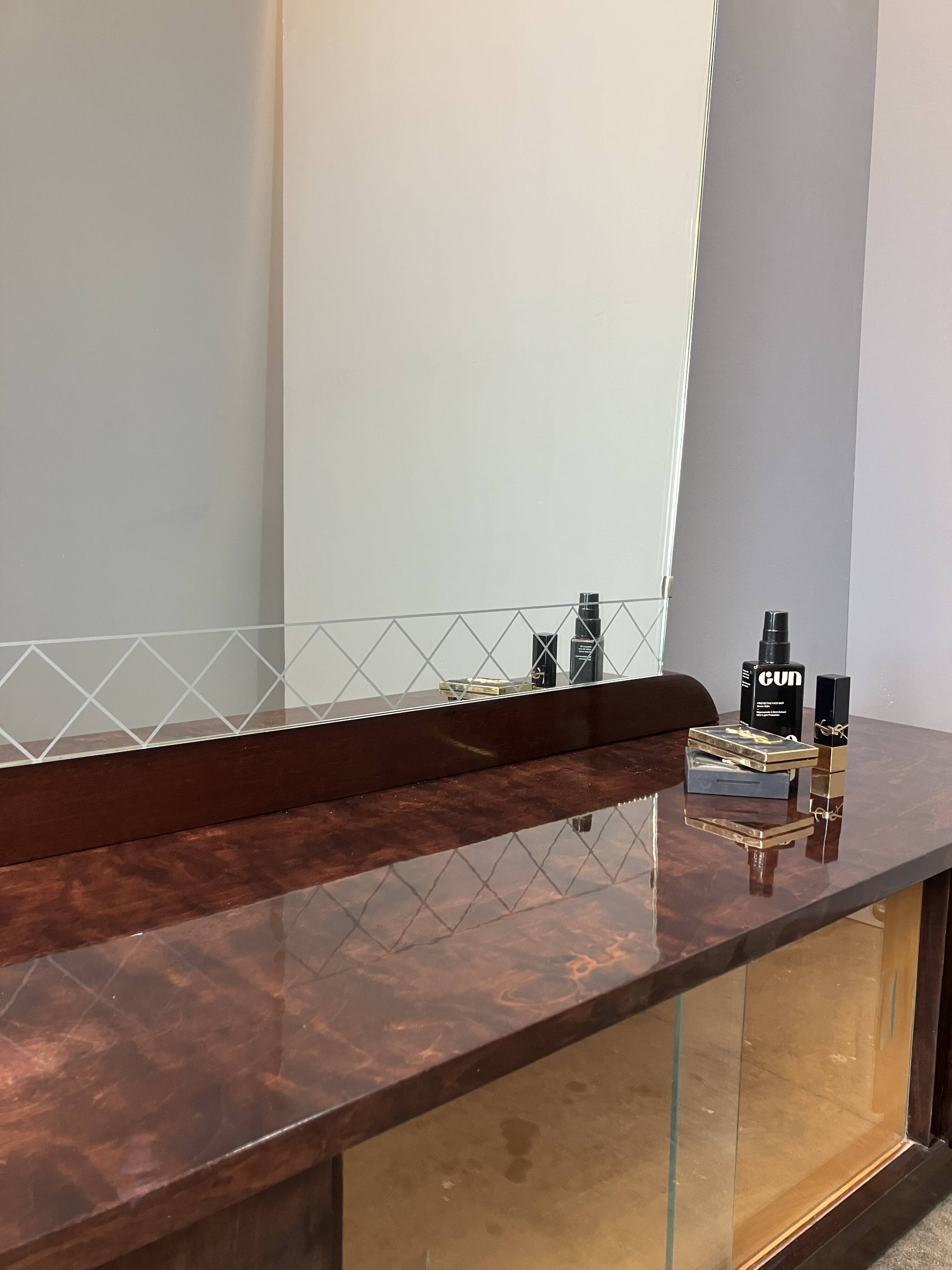 Mirror chest of drawers, flamed birch stained, vintage from the 50s