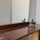 Mirror chest of drawers, flamed birch stained, vintage from the 50s