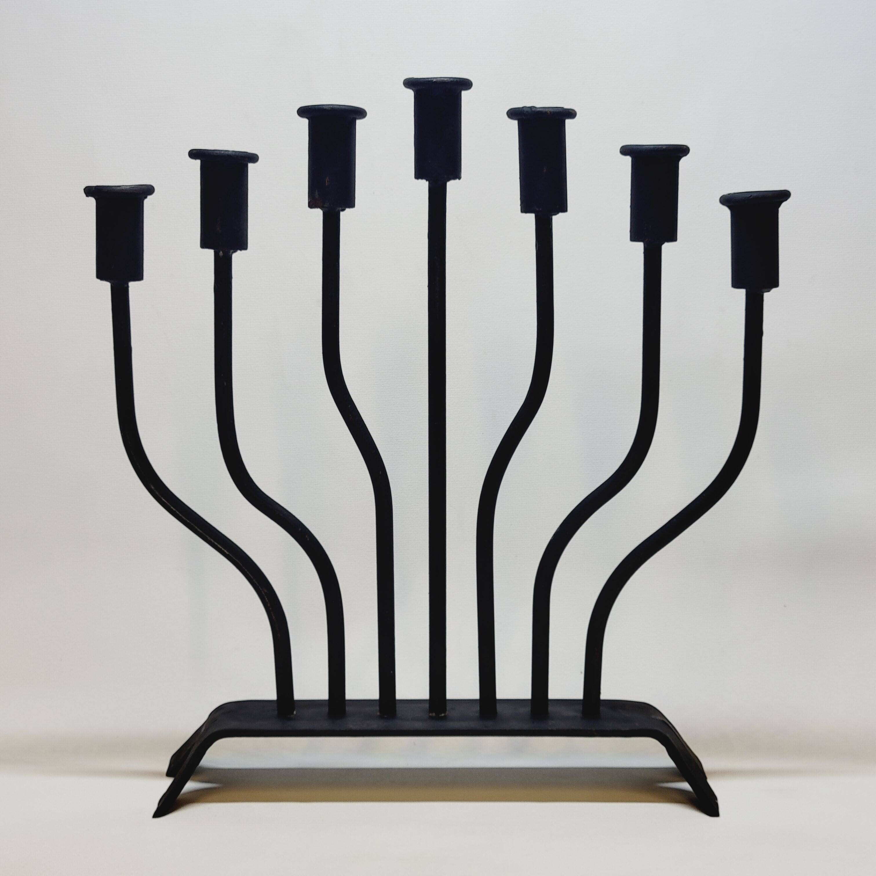 FOLK ART - JUDAICA Menorah Old Candlestick 7 arms of light in wrought iron