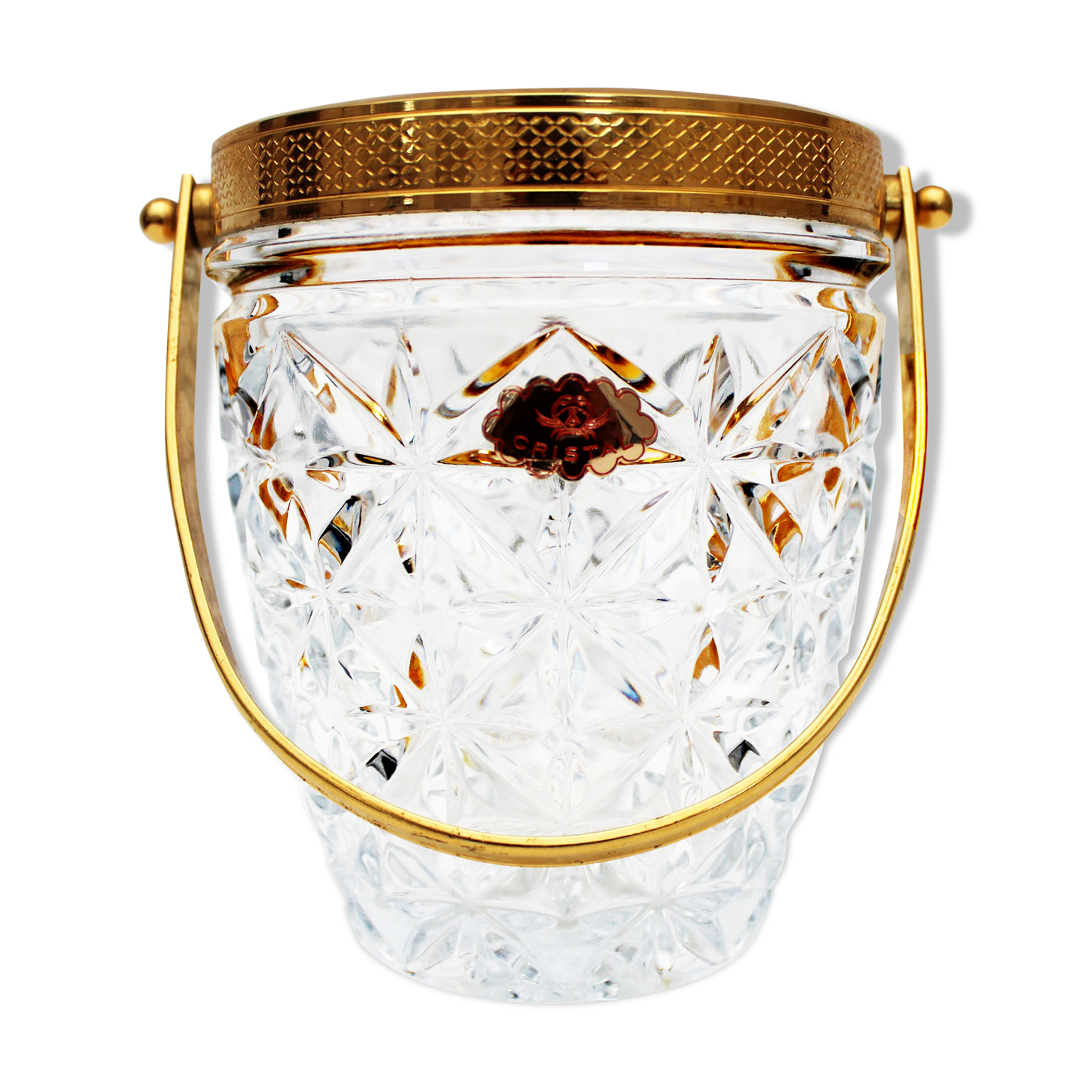 Vintage Glass Ice Bucket, ice cube bowl, gold metal rim