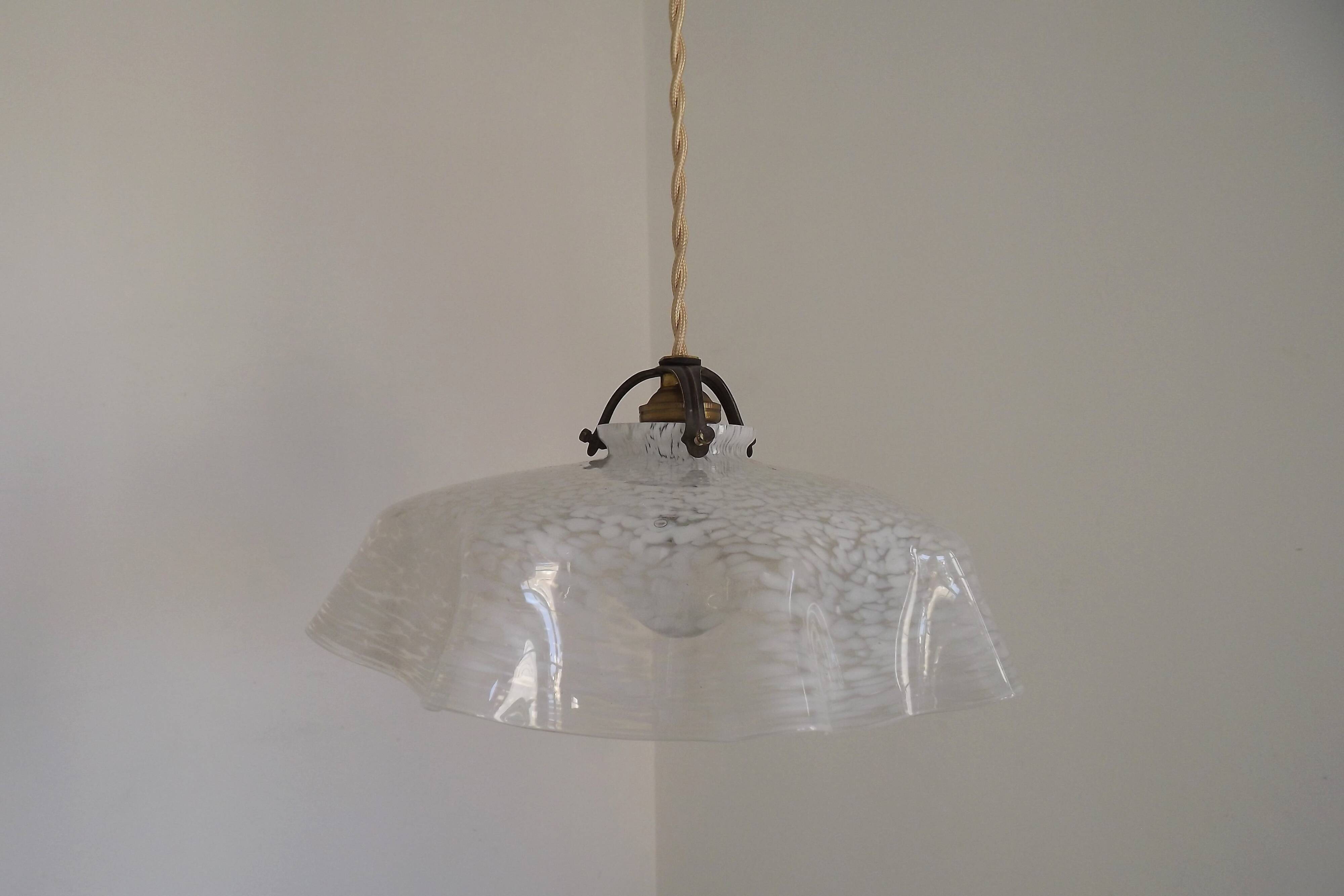 French Vintage 1930s White Frilled Clichy Glass Lampshade Ceiling Light