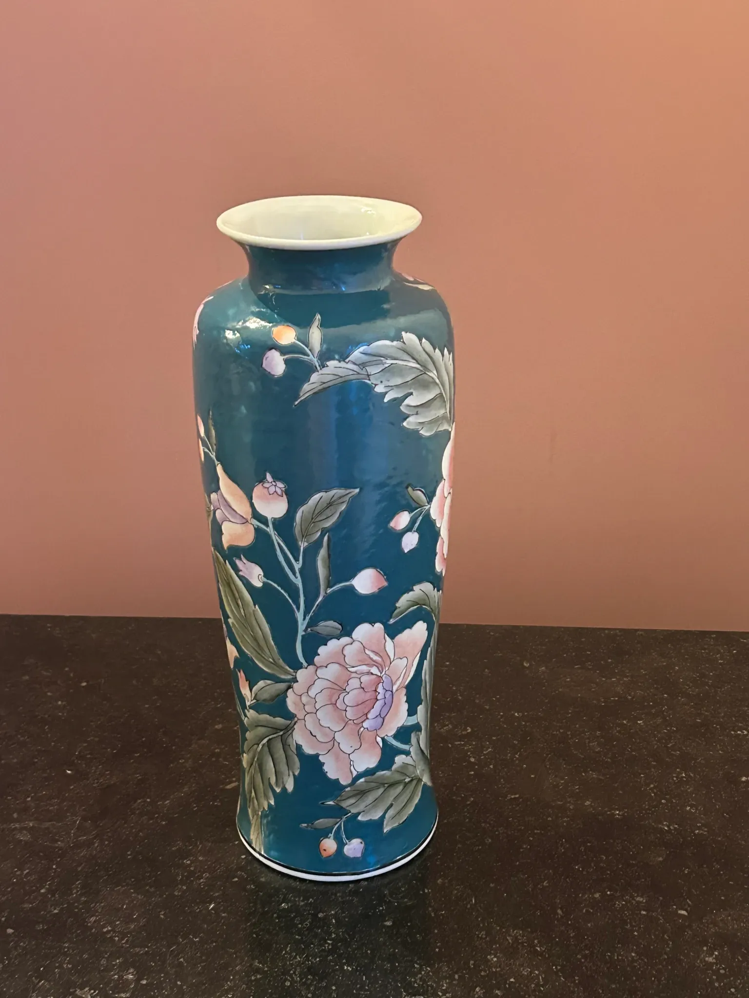 Large duck green ceramic vase with floral decoration - Handmade in Macau