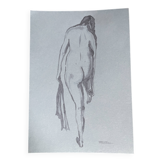 Signed watercolor painting on Denim paper portrait of a woman from behind "coming out of the bath"
