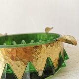 Cendrier en cristal vert et or vintage / Cendrier rond en verre de style mid-century modern