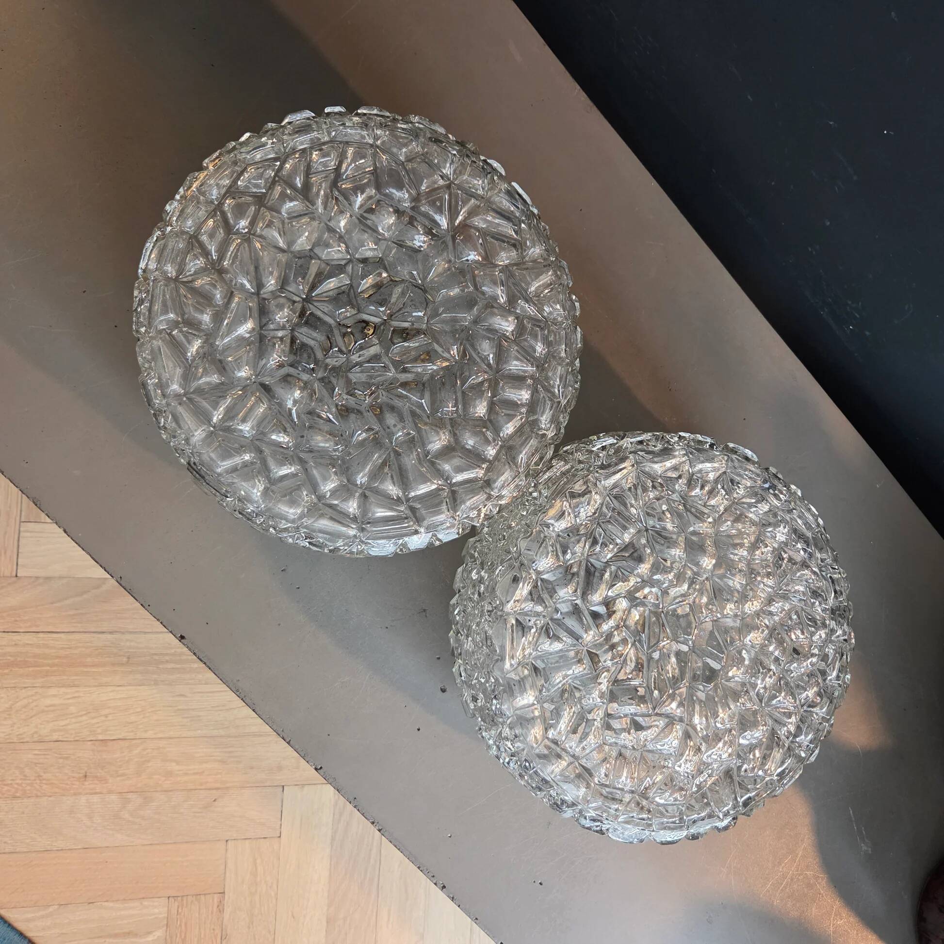 Pair of ceiling lights or moulded glass wall lights.