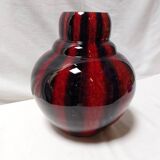 Large vintage blown glass ball vase with red and midnight blue flamed decor