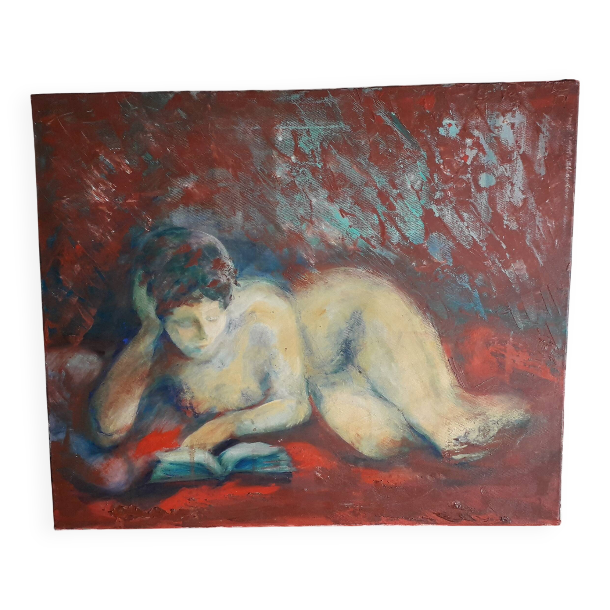 Old oil painting representing a nude
