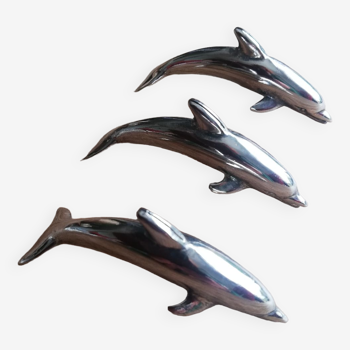 Set of three dolphins silver metal place markers