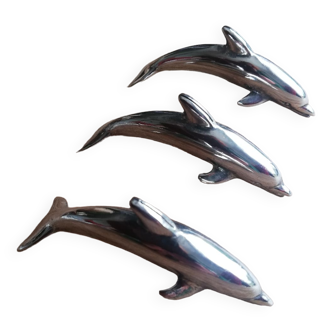 Set of three dolphins silver metal place markers