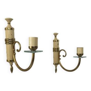 Pair of vintage patinated brass wall lights, France, 1940s