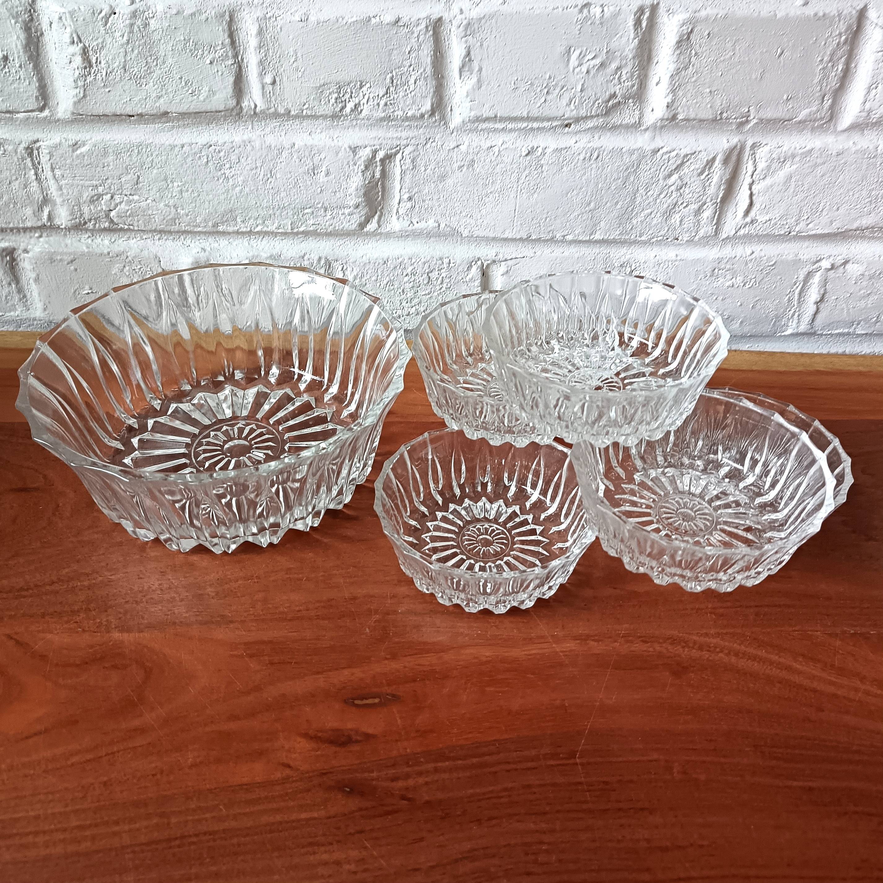 Vintage glass dessert service, bowls and serving dish.