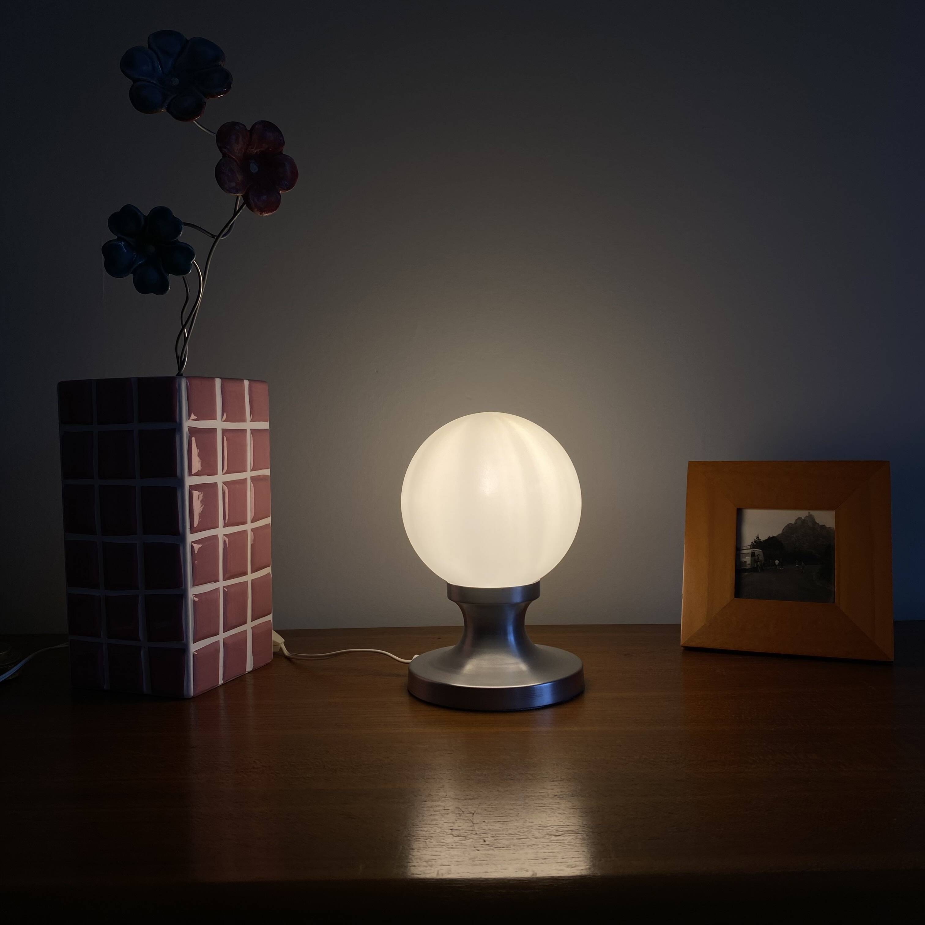Small vintage table lamp in aluminum and white opaline glass globe LAMP-7362