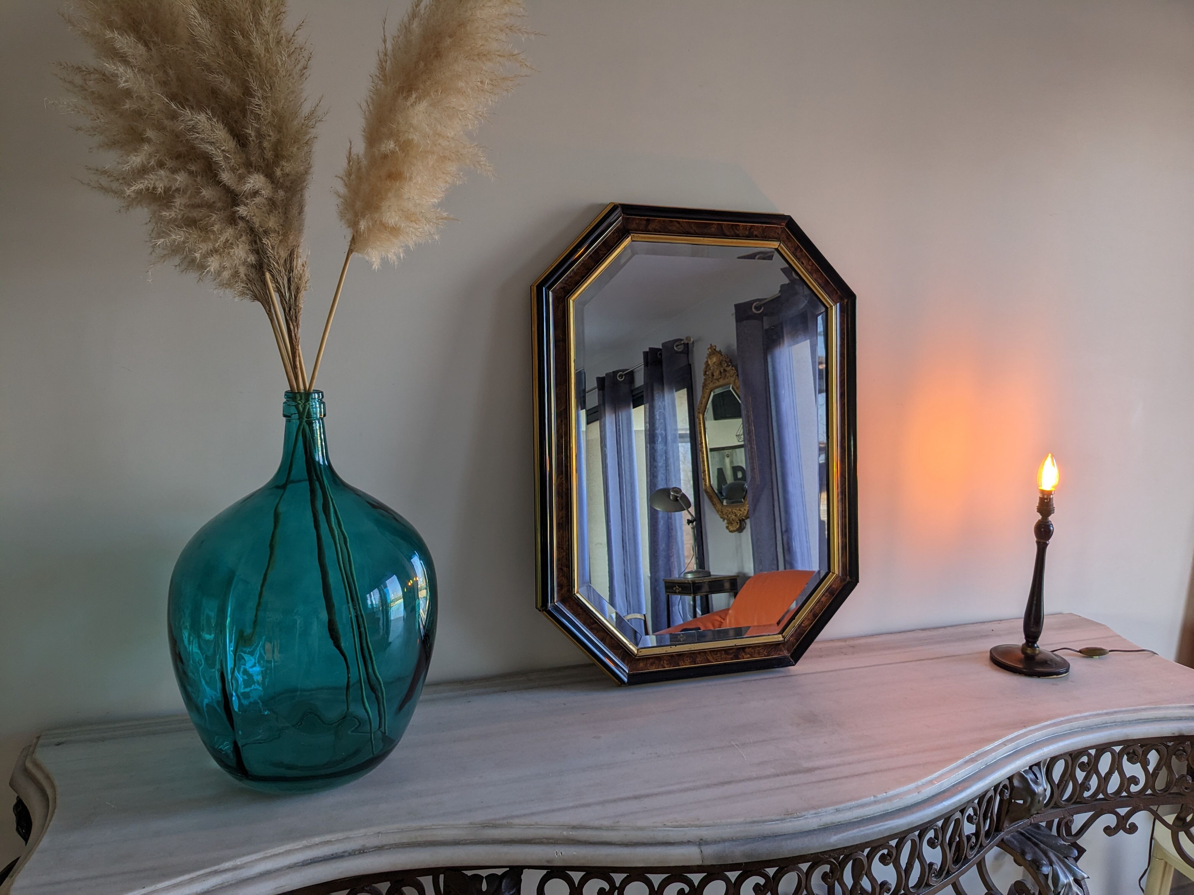 Octagonal vintage marbled mirror brown 61 x 82 cm