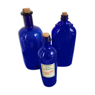Series of 3 bottles of old apothecary blue coblat