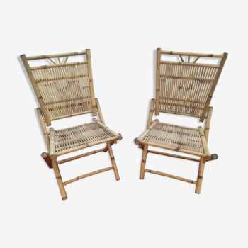 Paire de chaises pliantes en bambou et rotin