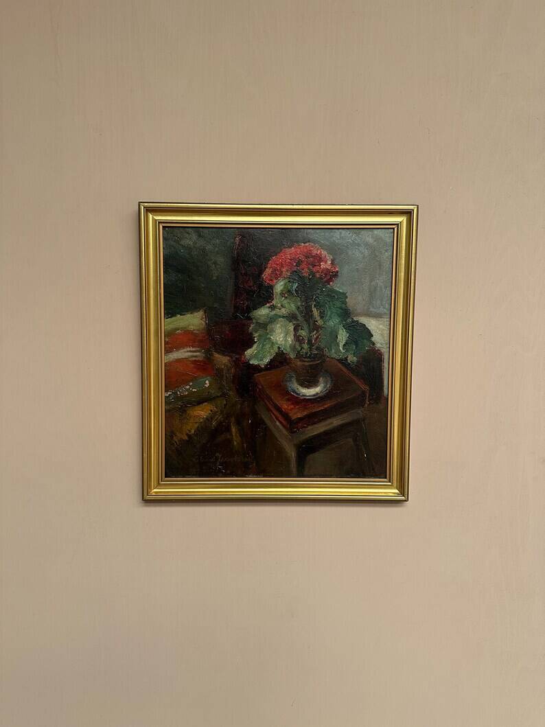 Original Swedish Oil on Panel - "Cineraria i Kruka" by Elna Jacobsson - Signed - Vintage and Framed - 48 × 43.5 cm (18.9" × 17.1")