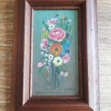 Tableau peinture à l'huile bouquet cadre bois signée pagano