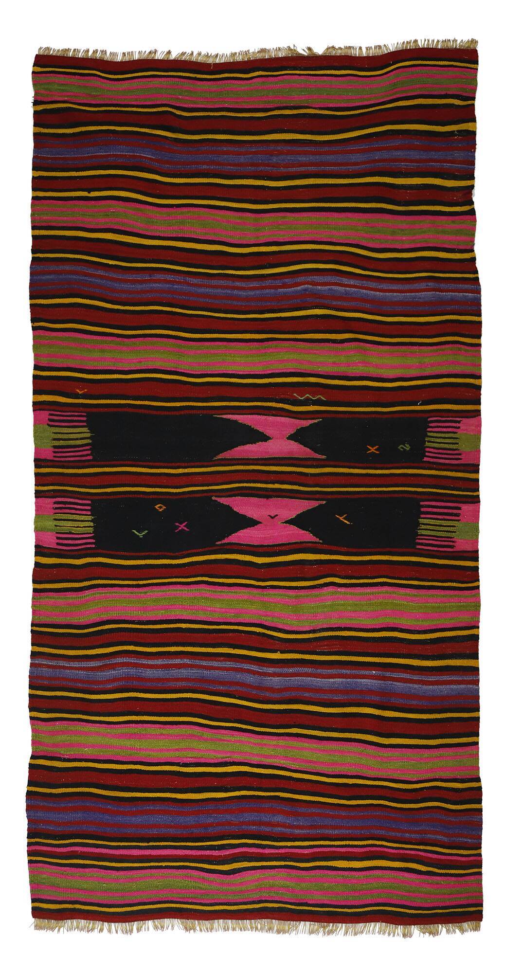 Kilim Oushak vintage striped pink and brown handmade 310 x 158 cm