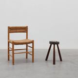 Brutalist French solid oak tripod stool with metal rim, 1850s