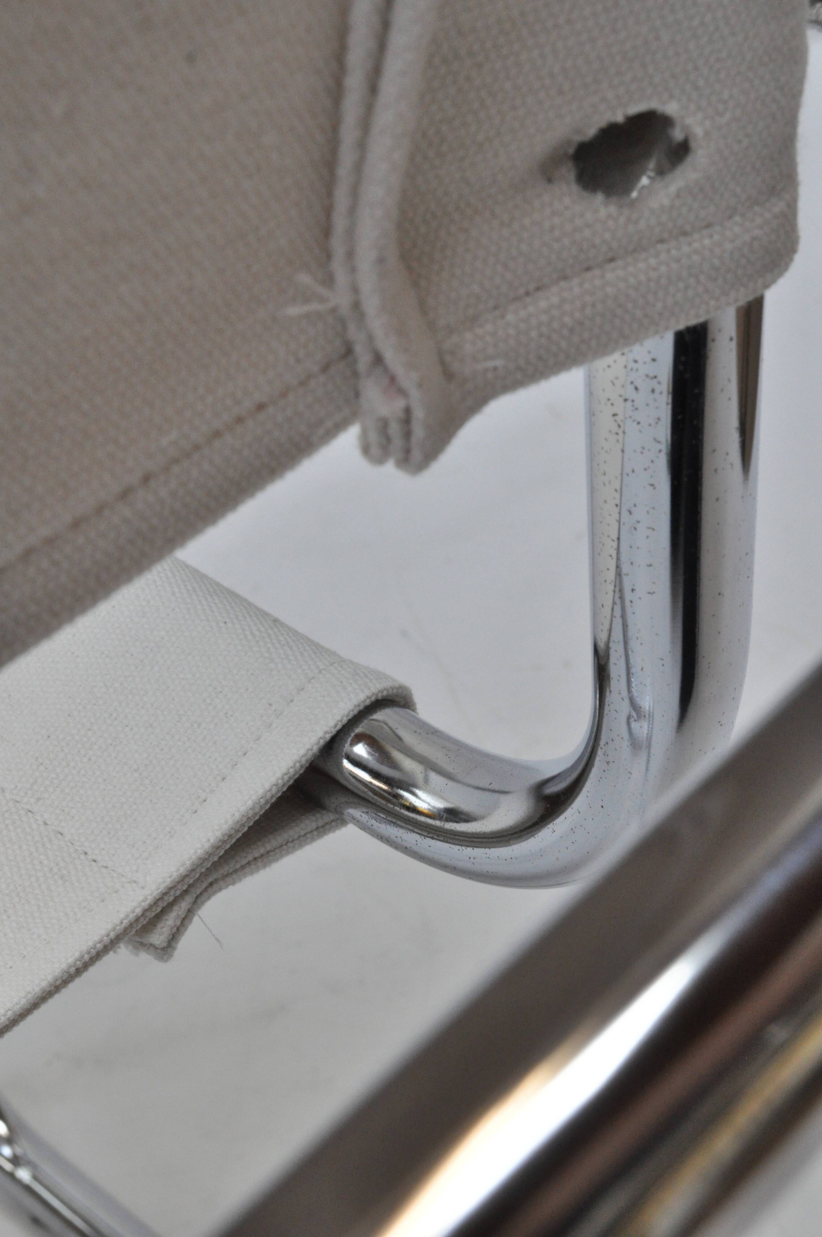 Set of 4 Chrome Sled-Base Chairs, Reupholstered in Italian Chioccarello Lin