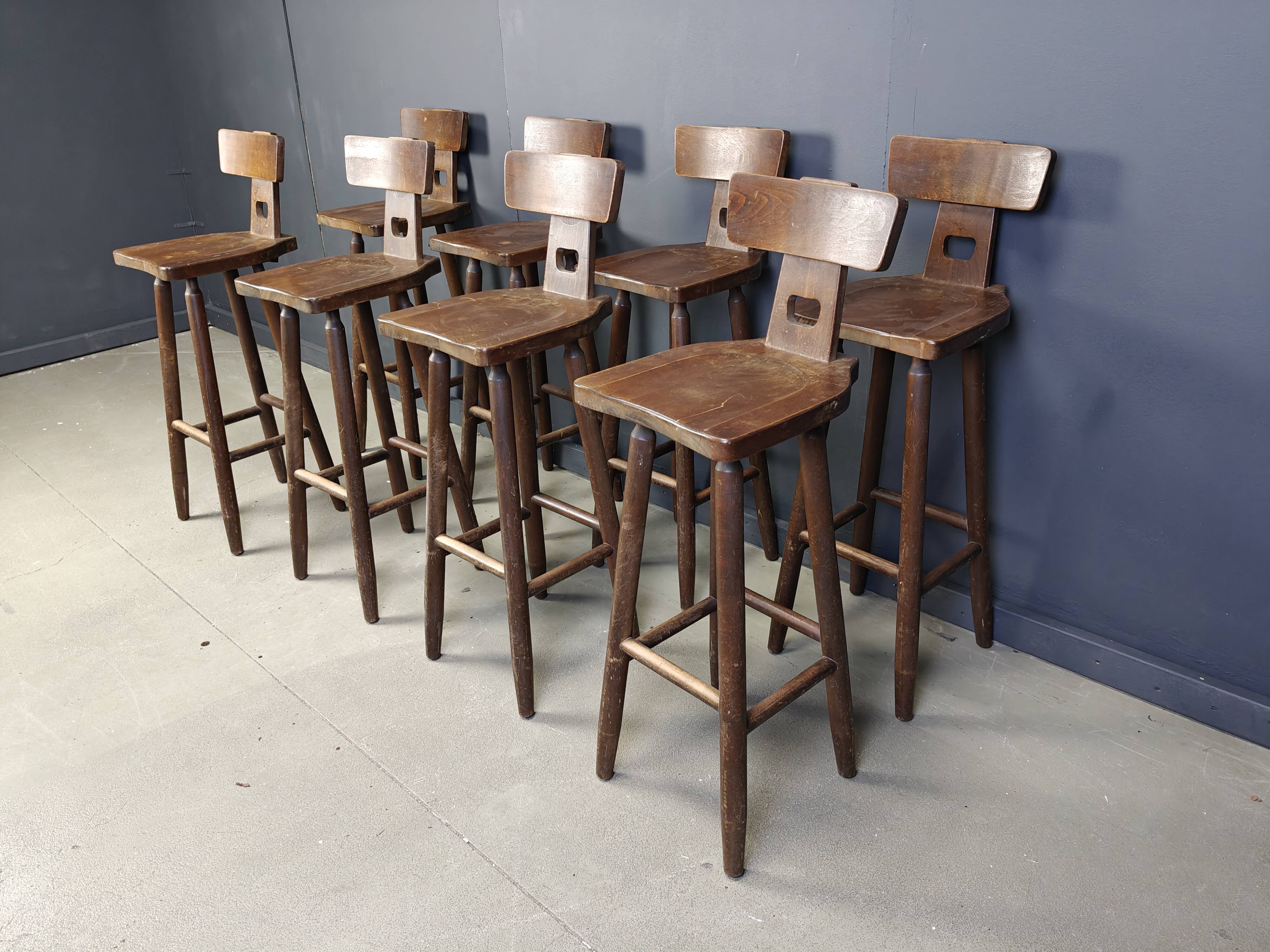 Set of 8 vintage brutalist bar stools, 1960s