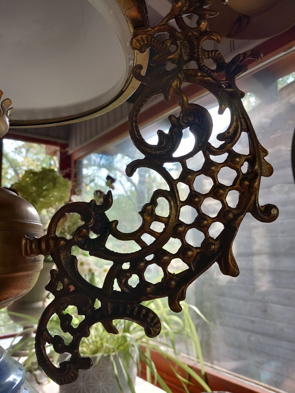Old white opaline chandelier, brass and earthenware