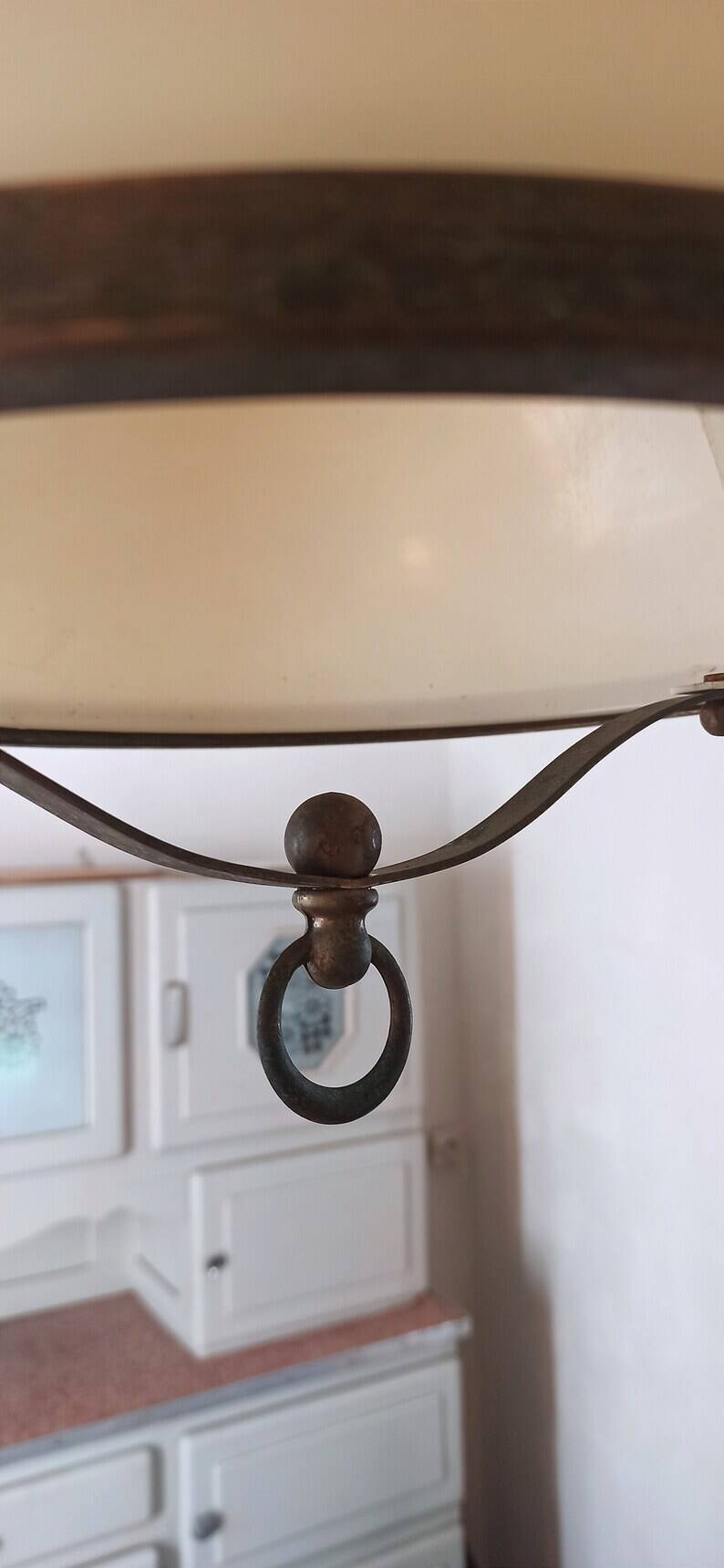 Old large pulley chandelier in brass and glass