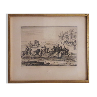 Gilded wooden frame, seventeenth century campaign scene with riders