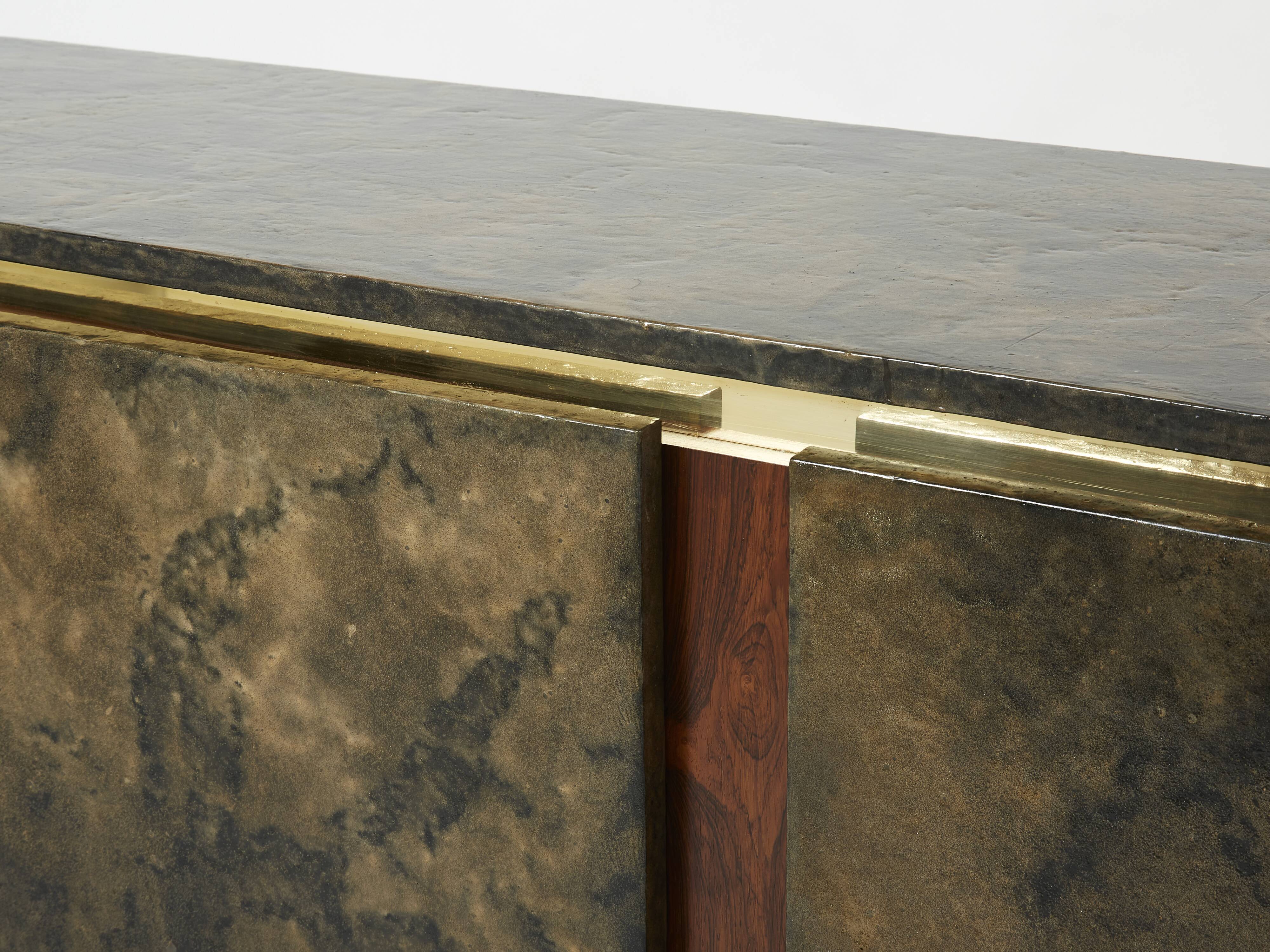 Brutalist Belgian enfilade in rosewood, resin, and brass from around 1970.