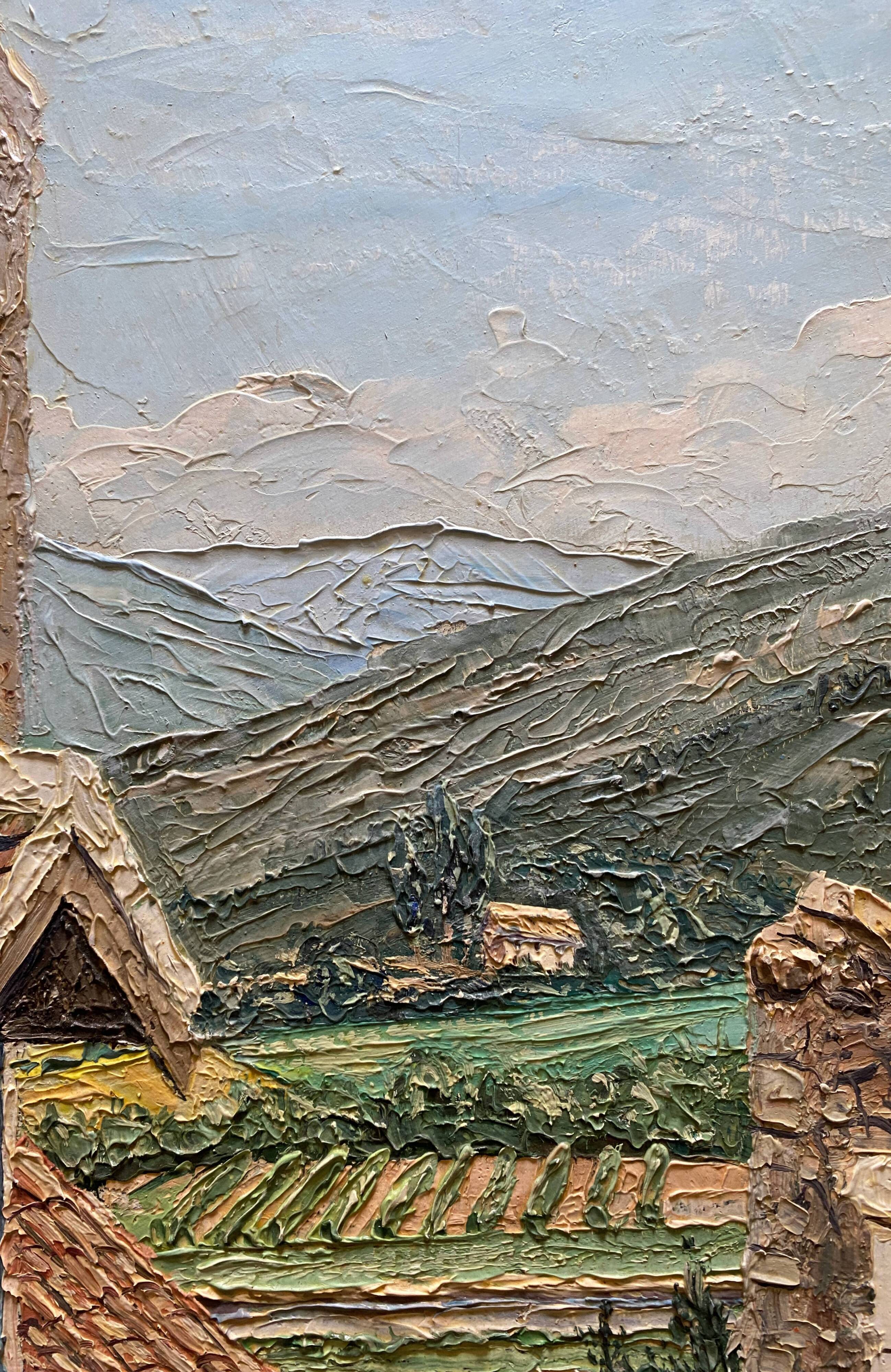 Hsp painting "view of mirmande" drôme, village and vineyard signed raymond rigal