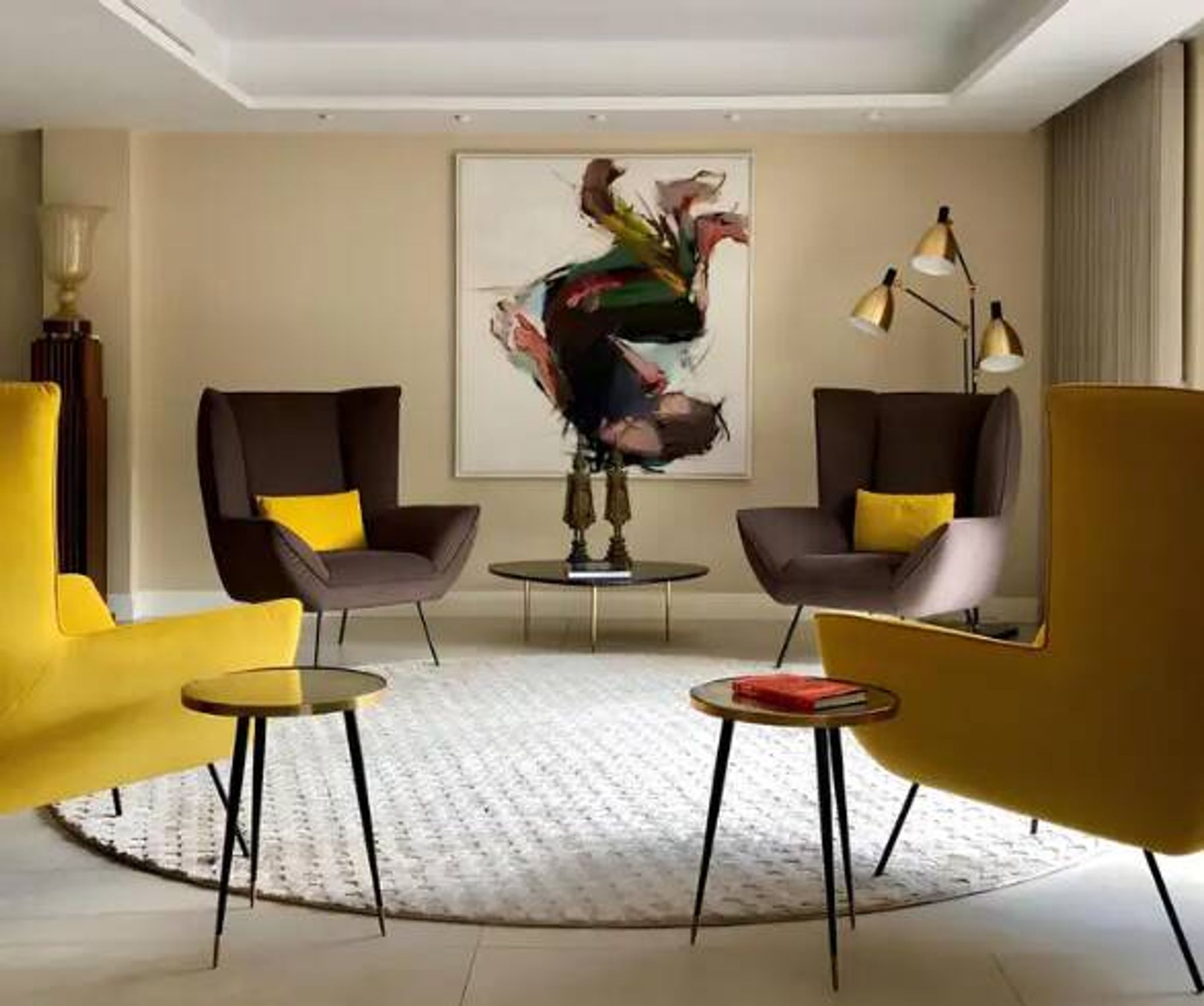 Round table Twist, high-gloss laminate and brass details, handmade, size M.