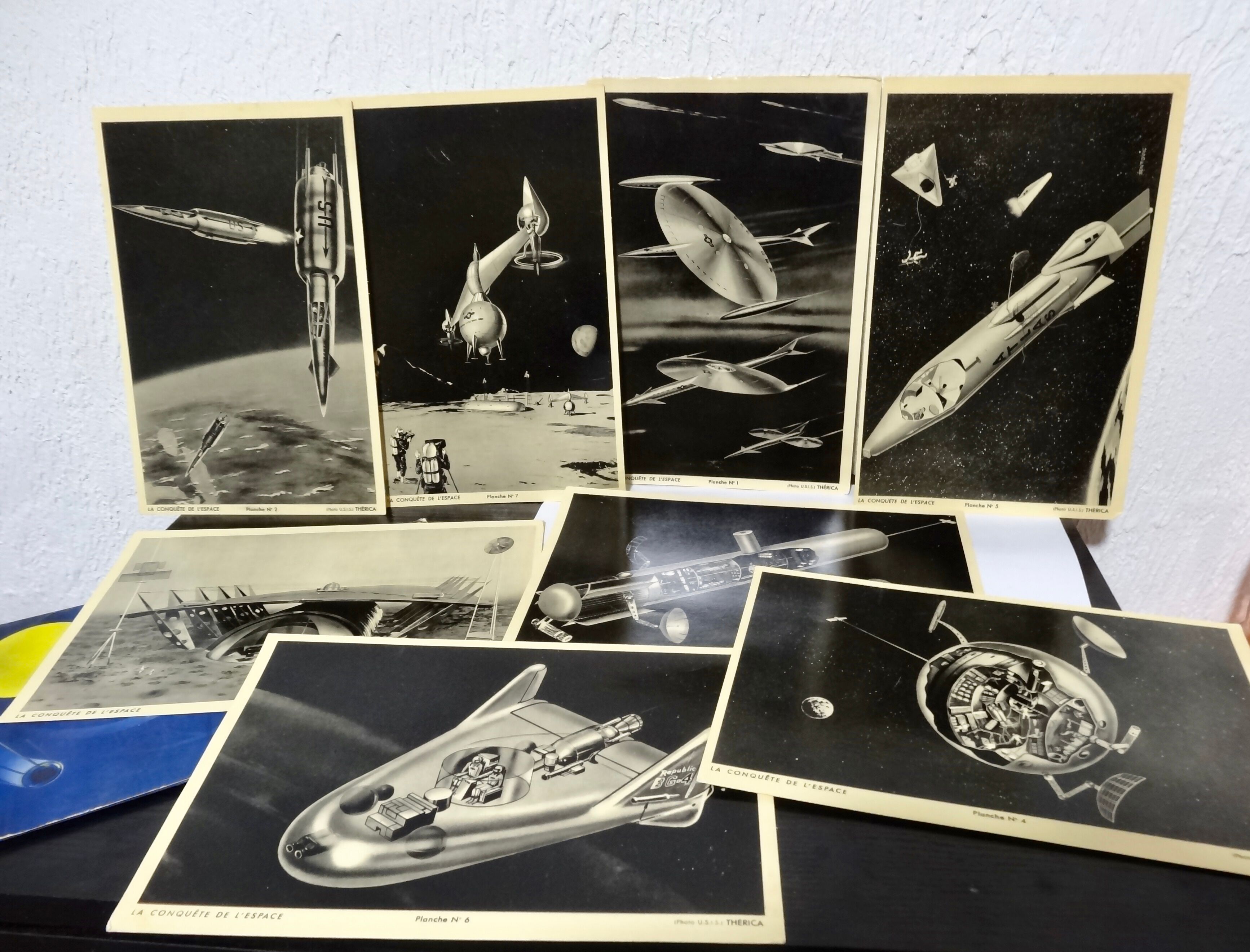 Ensemble de 8 anciennes planches conquête de l'espace