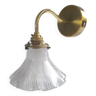 Holophan glass and gilded brass wall lamp