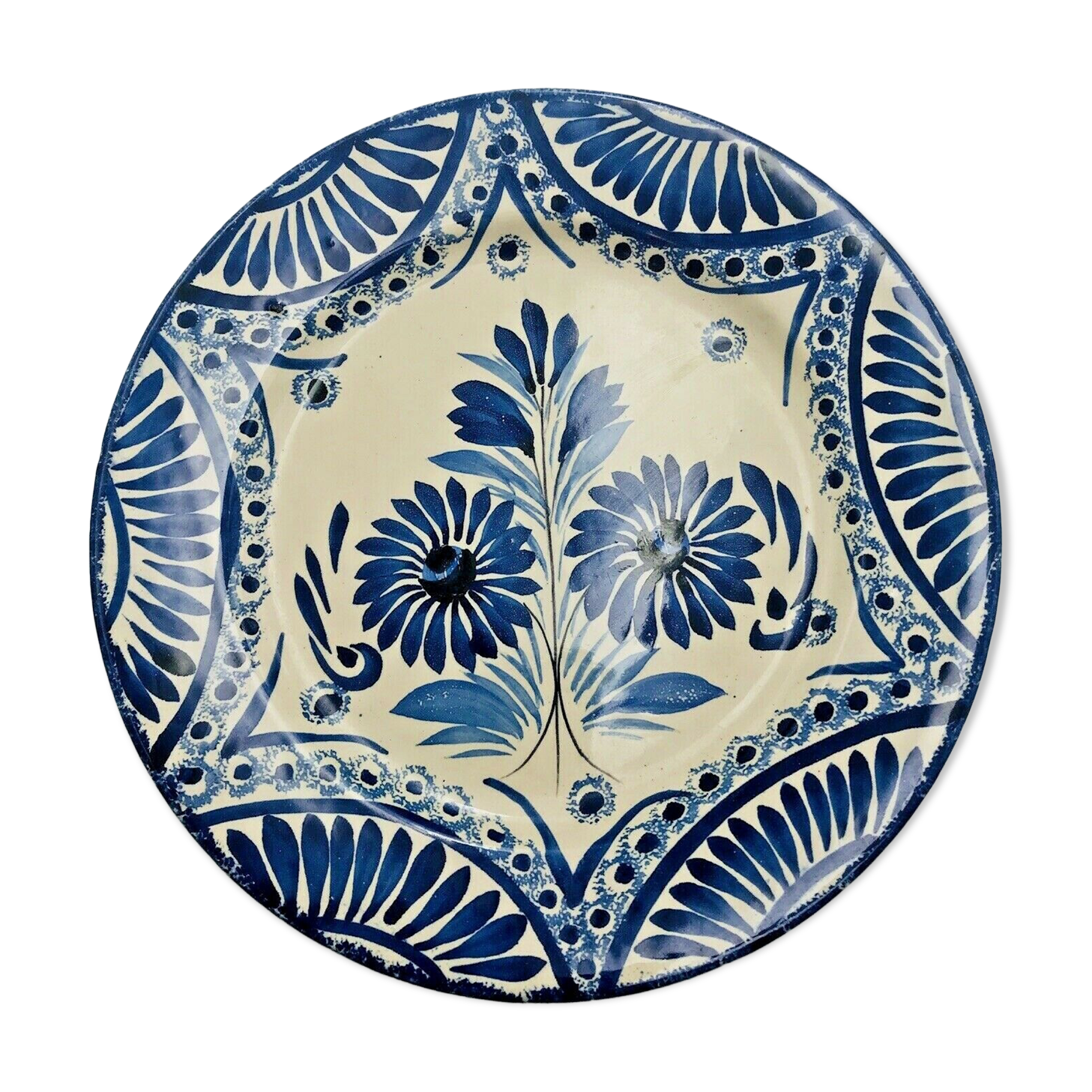 Earthenware plate signed brilland bayeux blue flowers in the taste of quimper